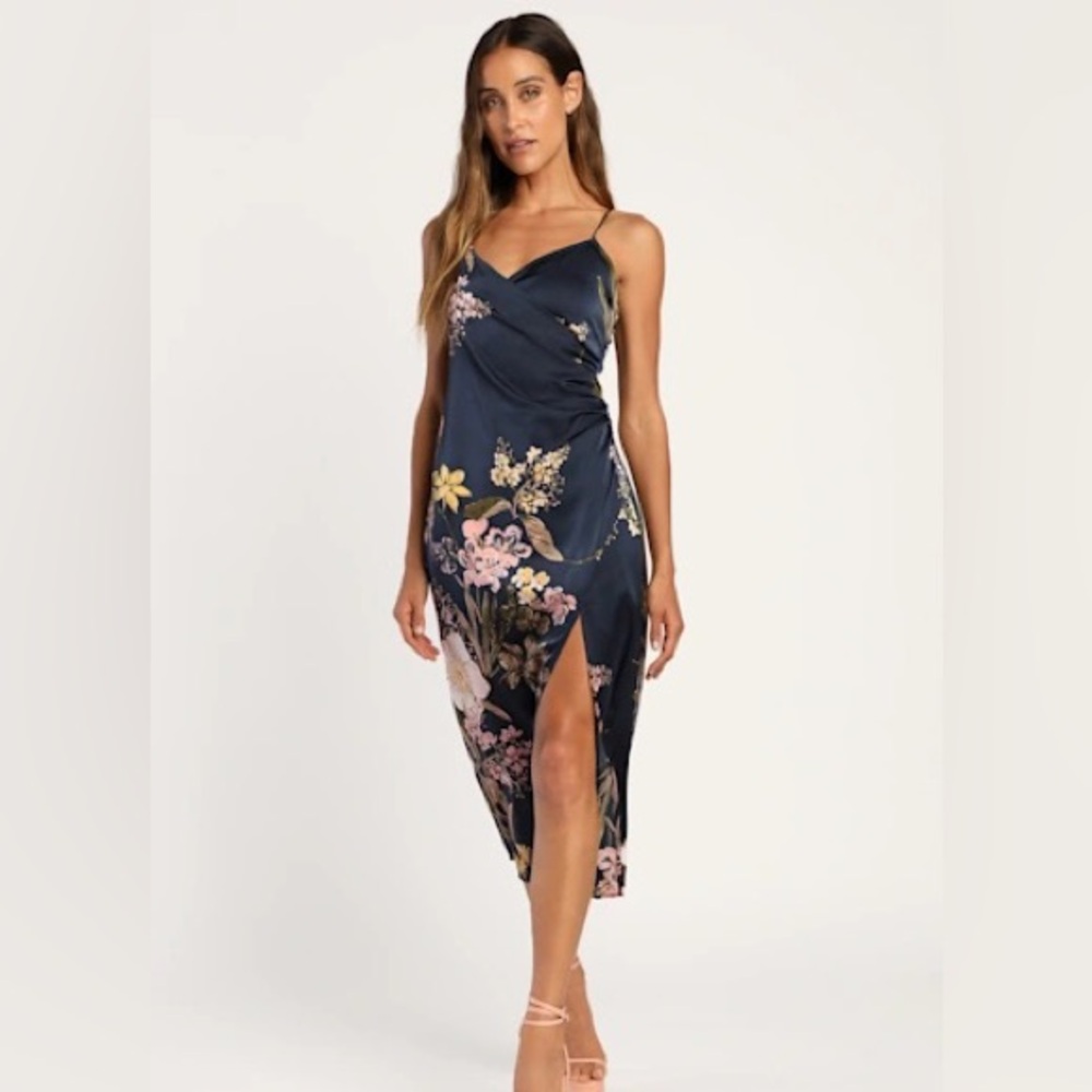 Lulu's Navy Floral Satin Dress with Slit